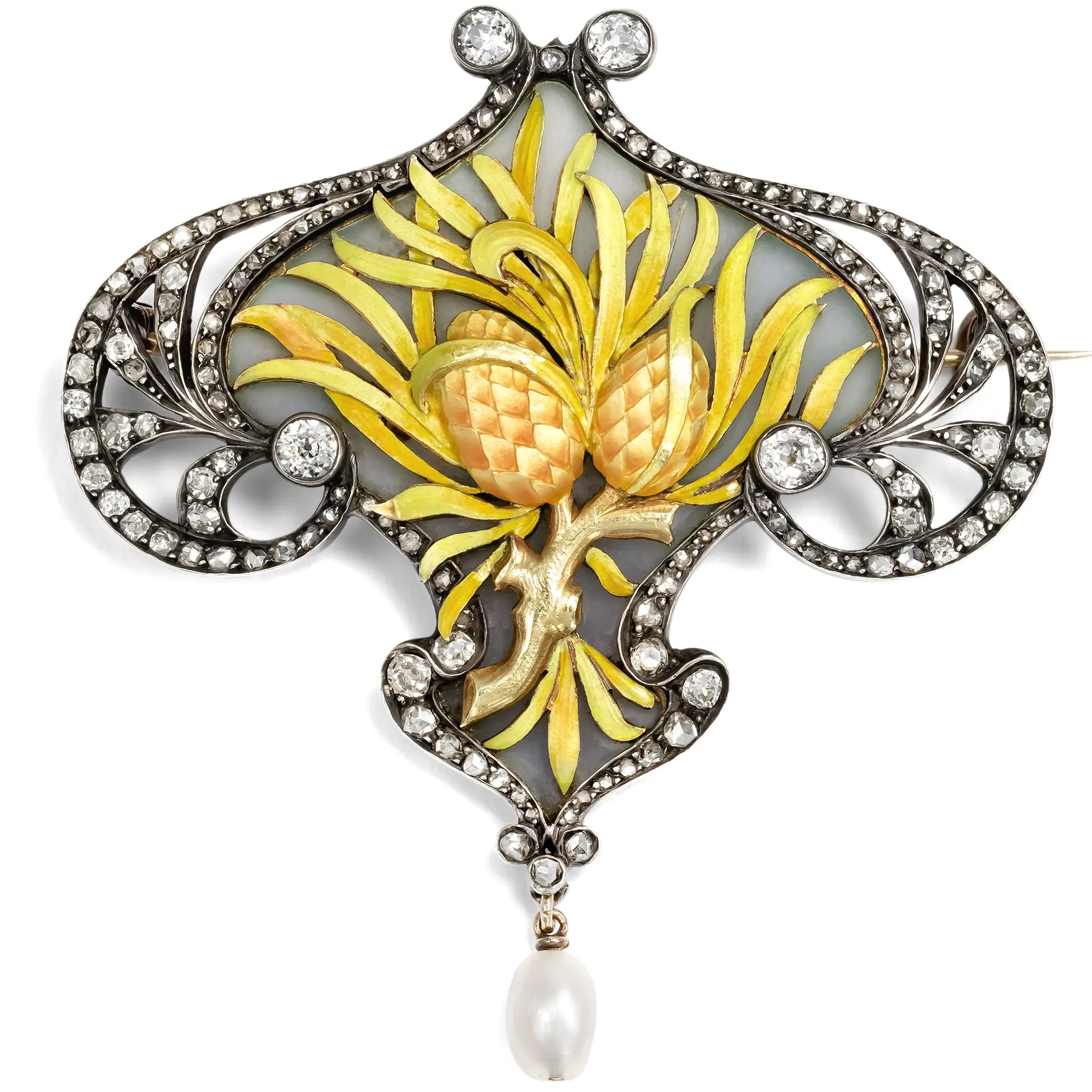 Antique Art Nouveau Enamel Brooch with Diamonds, Paris, c. 1900
