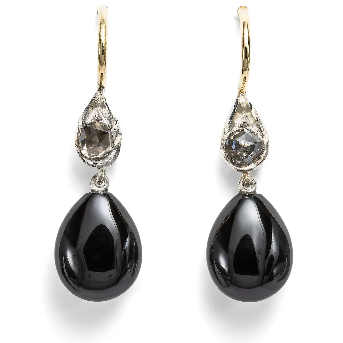 Delicate Earrings with Onyx and Antique Diamond Roses in Silver and