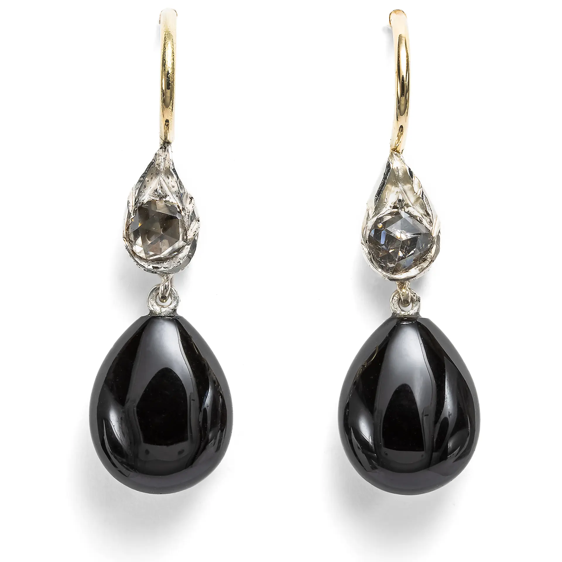 Delicate Earrings with Onyx and Antique Diamond Roses in Silver and