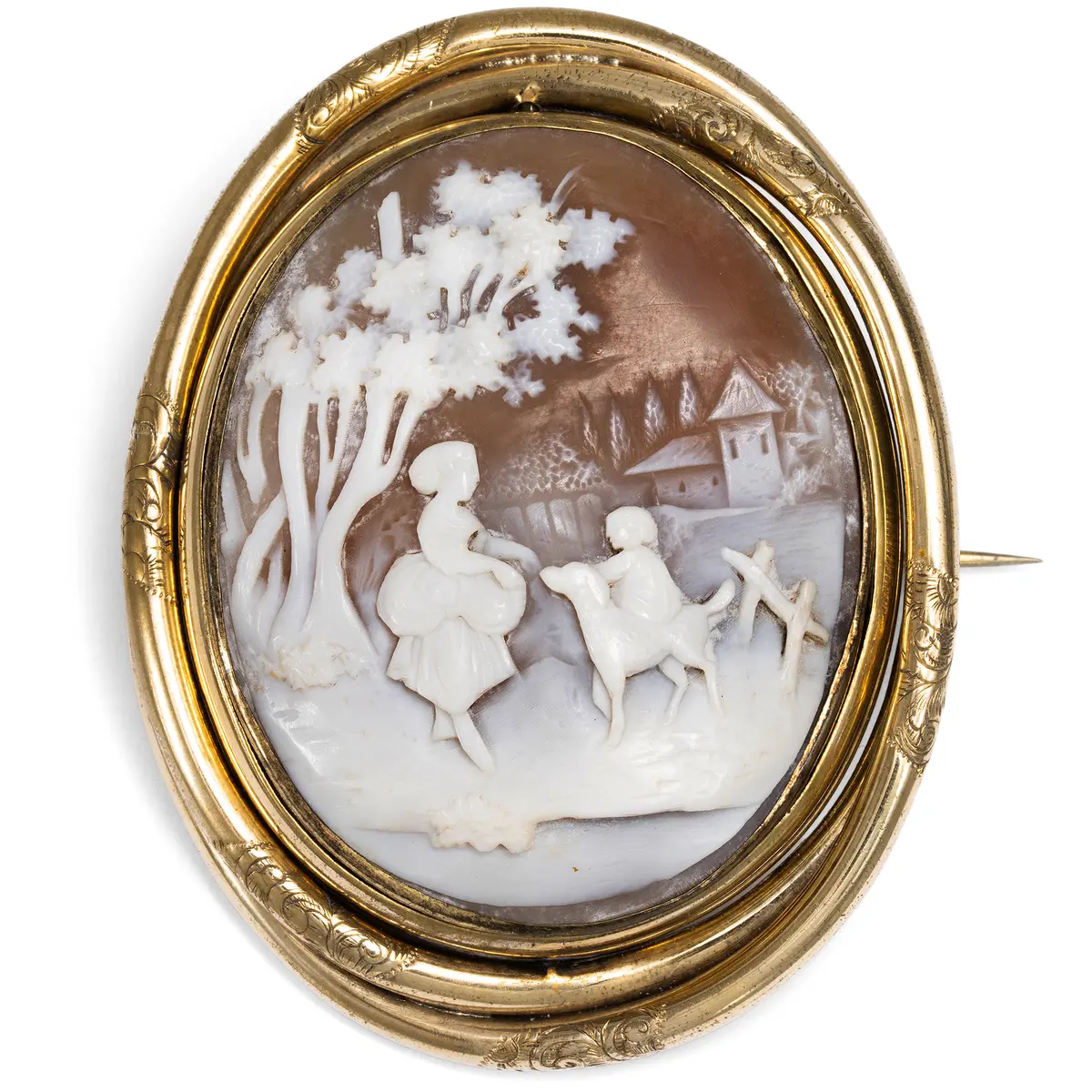 Large Brooch with Shell Cameo and Miniature Painting in a Swivel Mount, c. 1860