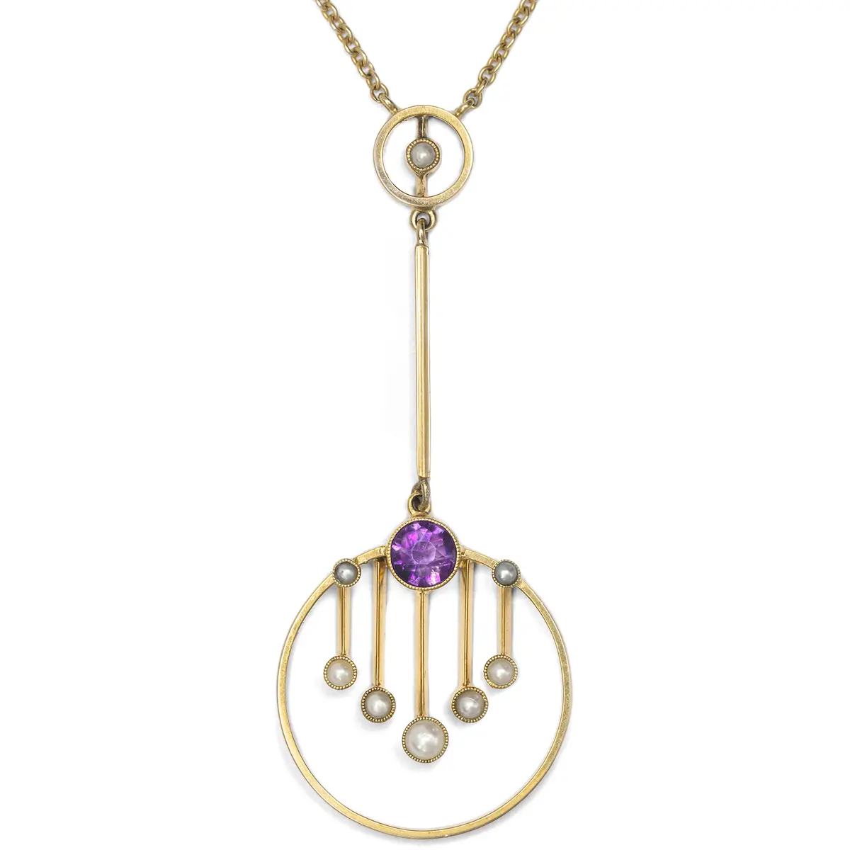 Elegant Art Nouveau Pendant With Amethyst & Pearls in Gold, Great