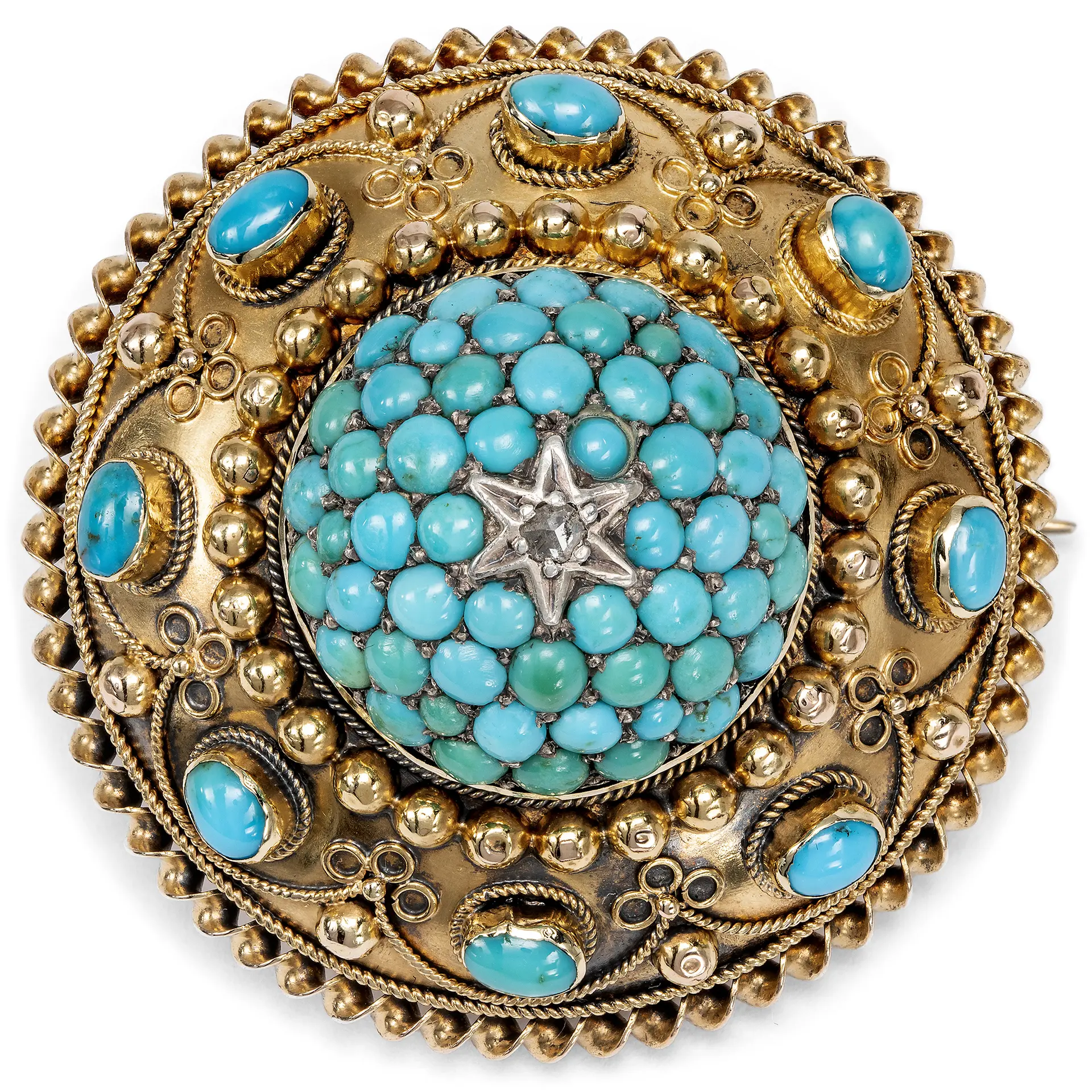 Large Medallion Brooch with Turquoises & Diamond, Great Britain c. 1865