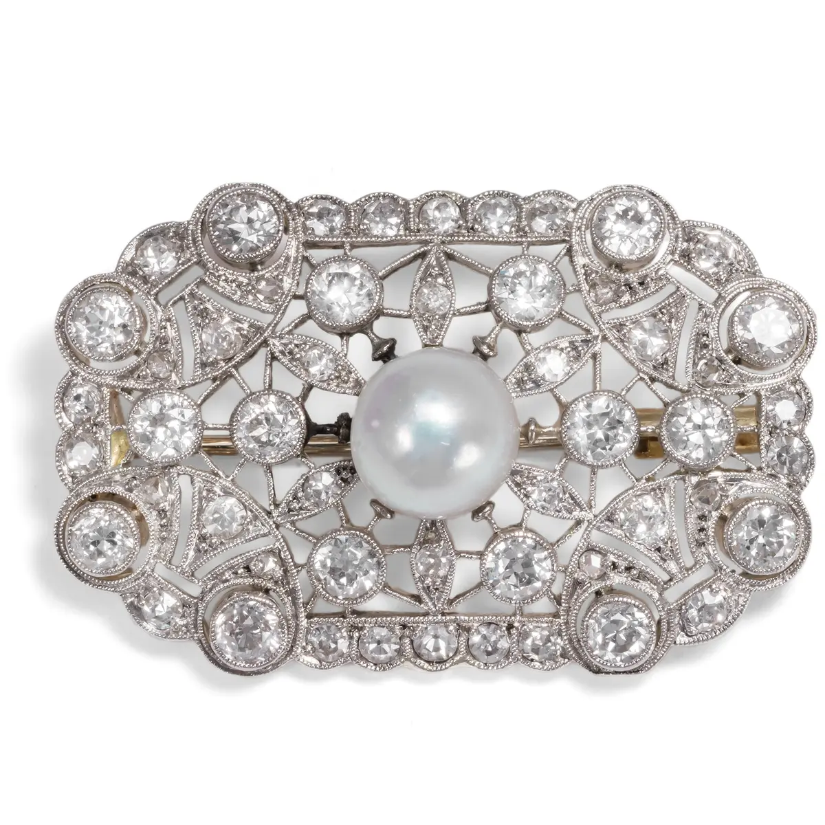 Filigree Brooch with Natural Pearl & Diamonds in Platinum & Gold, c. 1910