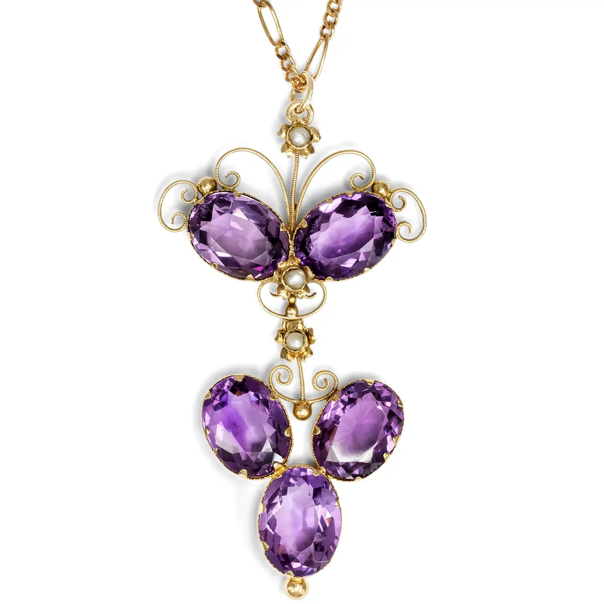 Filigree Pendant with Amethysts & Pearls in Gold, c. 1890 & Later