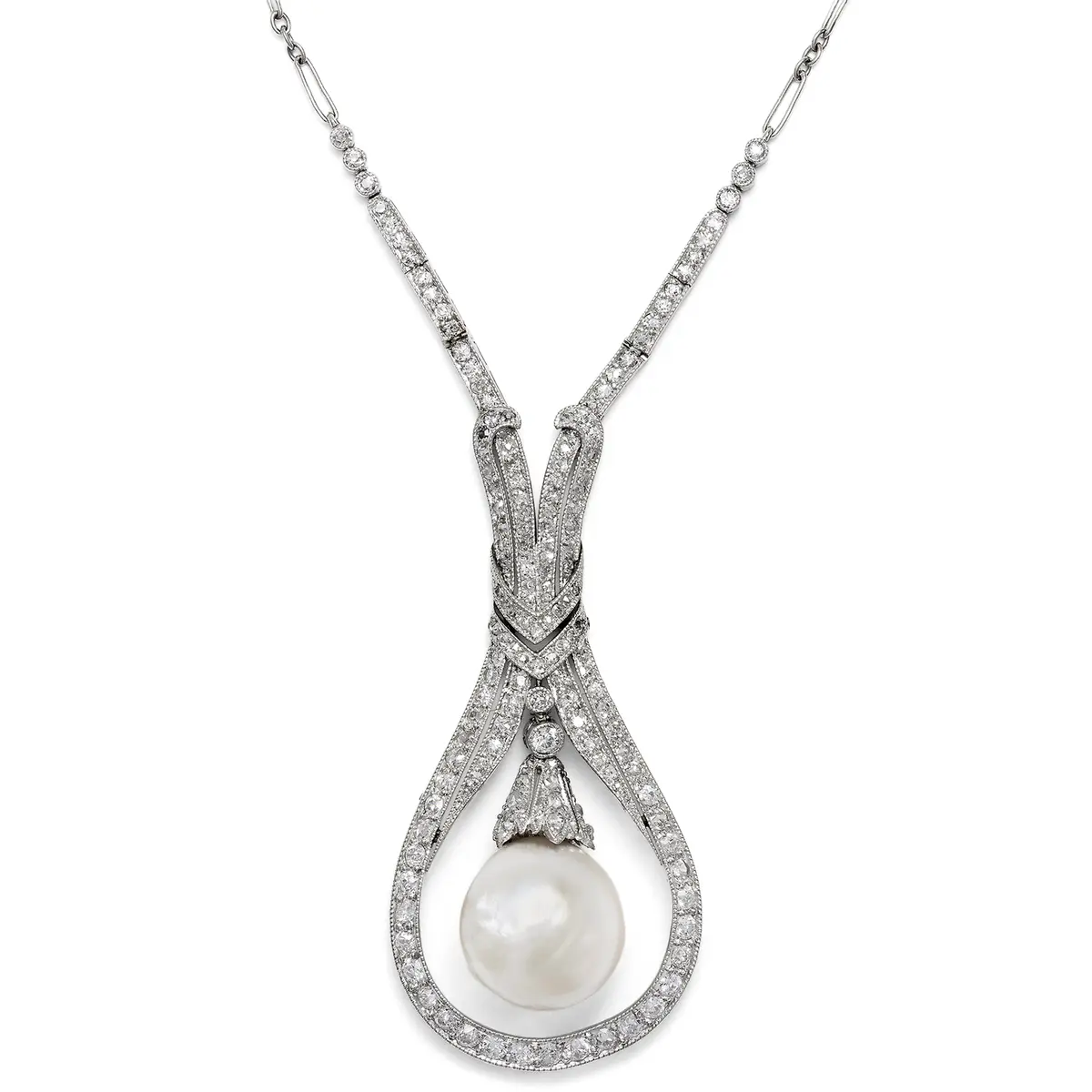 Elegant Natural Pearl and Diamond Déco Necklace in Platinum, c. 1930s
