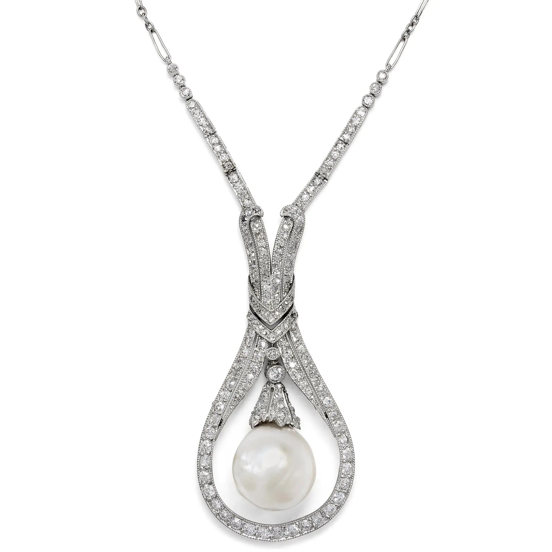 Elegant Natural Pearl and Diamond Déco Necklace in Platinum, c. 1930s
