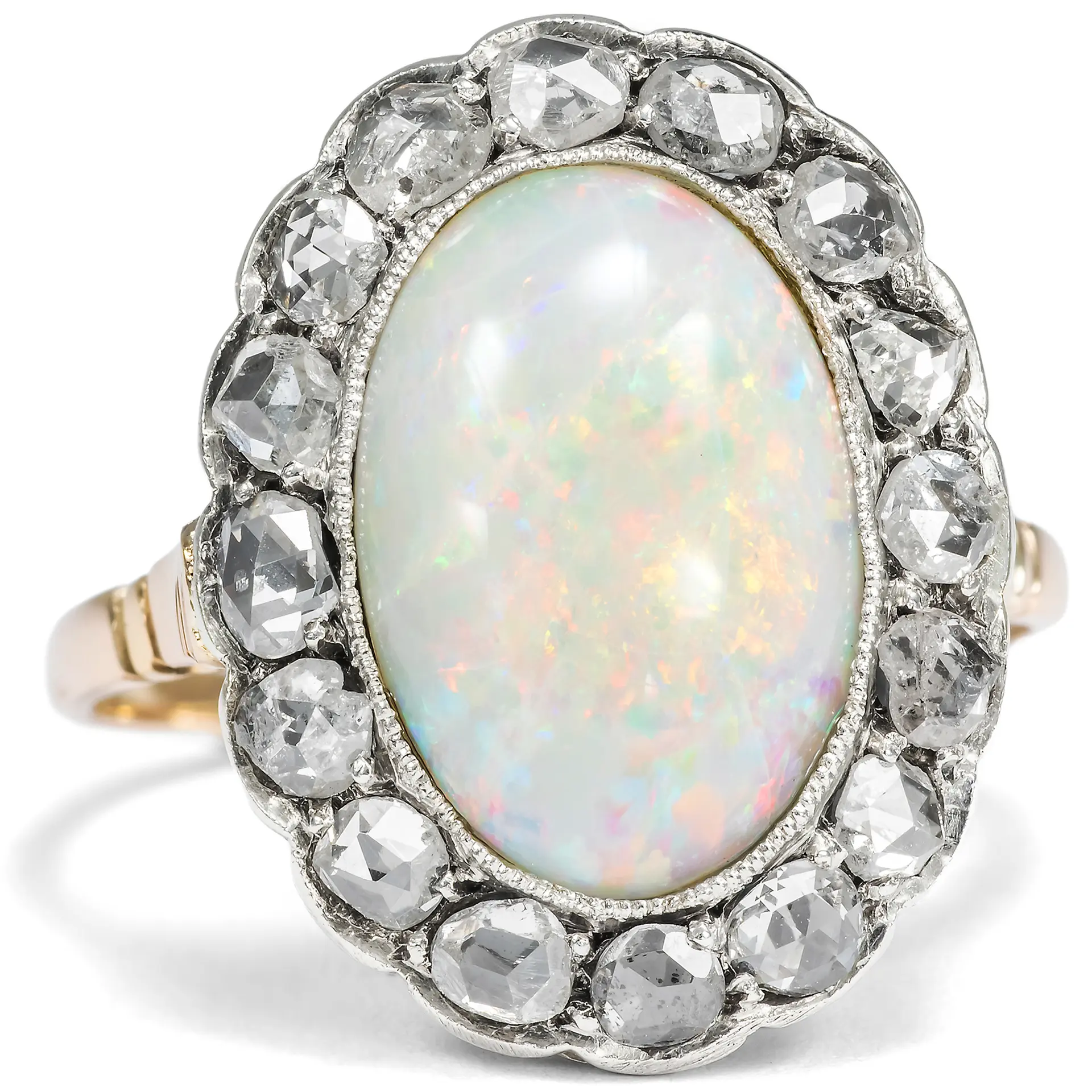 Antique Opal and Diamond Ring in Silver on Gold, c. 1900