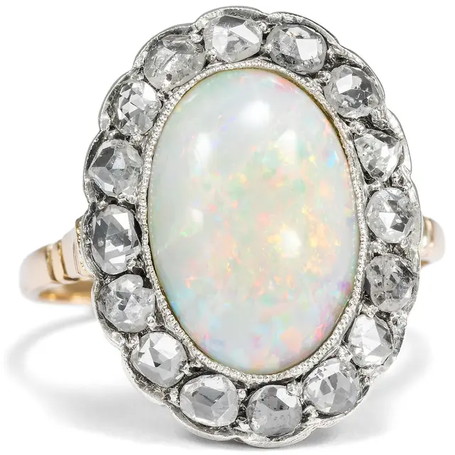Antique Opal and Diamond Ring in Silver on Gold, c. 1900