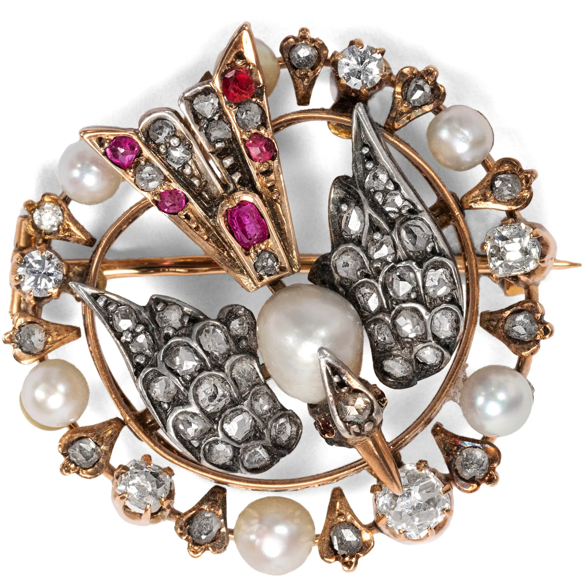 Antique Brooch with Pearls, Diamonds & Rubies, Russia c. 1880