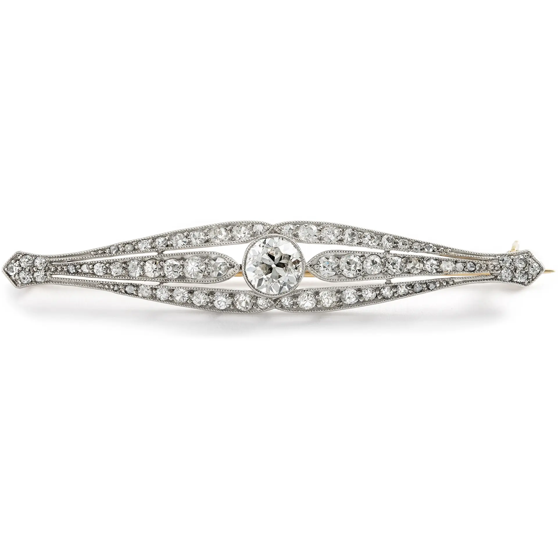 Elegant Brooch with 2.30 ct Old Cut Diamonds In Platinum & Gold, c. 1915