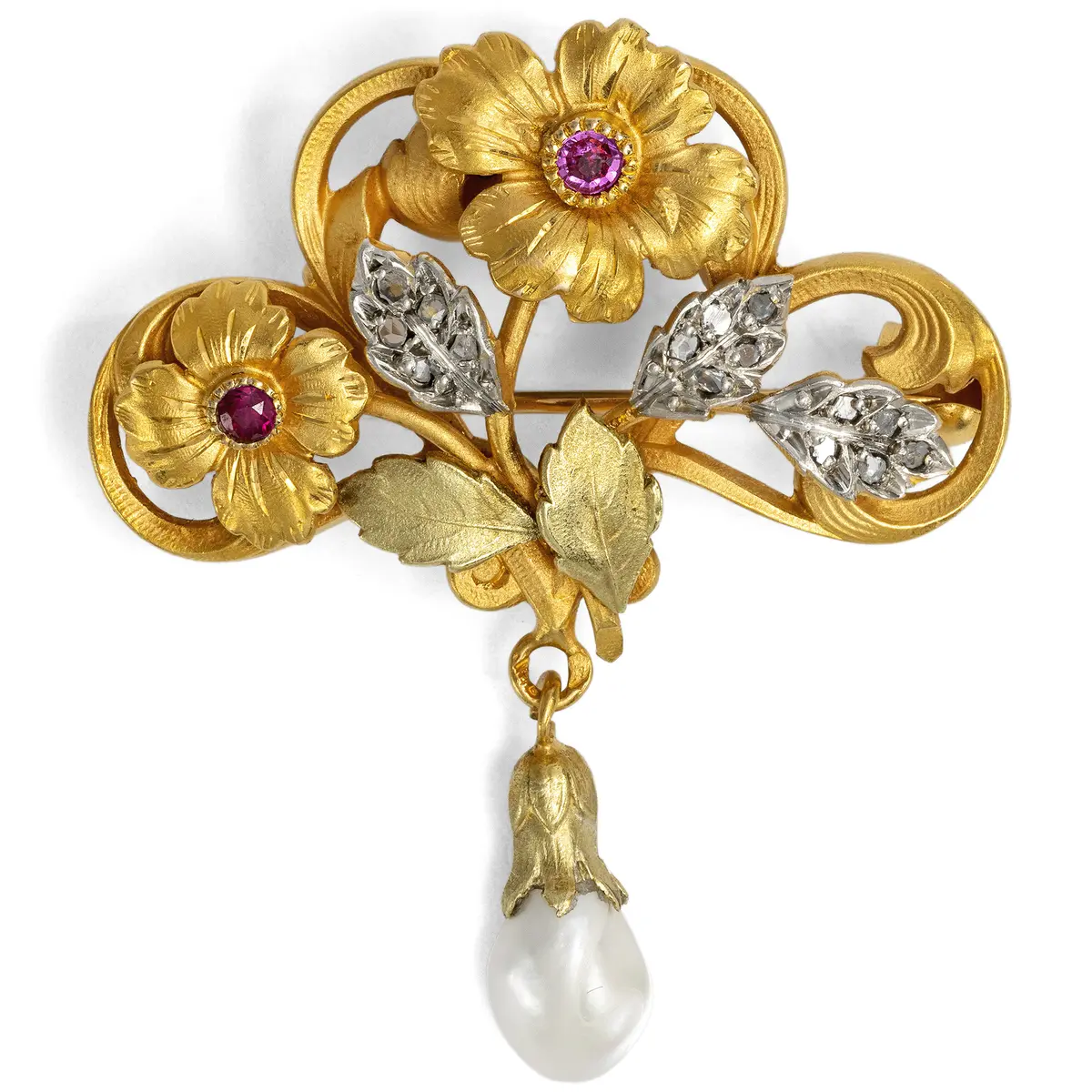 Antique Brooch with Rubies, Diamonds & "Antillean Pearl", Paris c. 1910