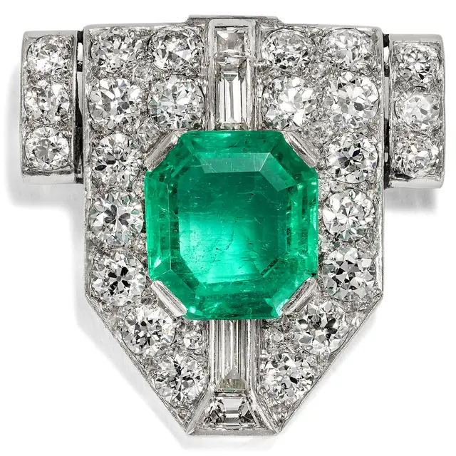 Precious Brooch With Colombian Emerald & Diamonds in Platinum, c. 1930