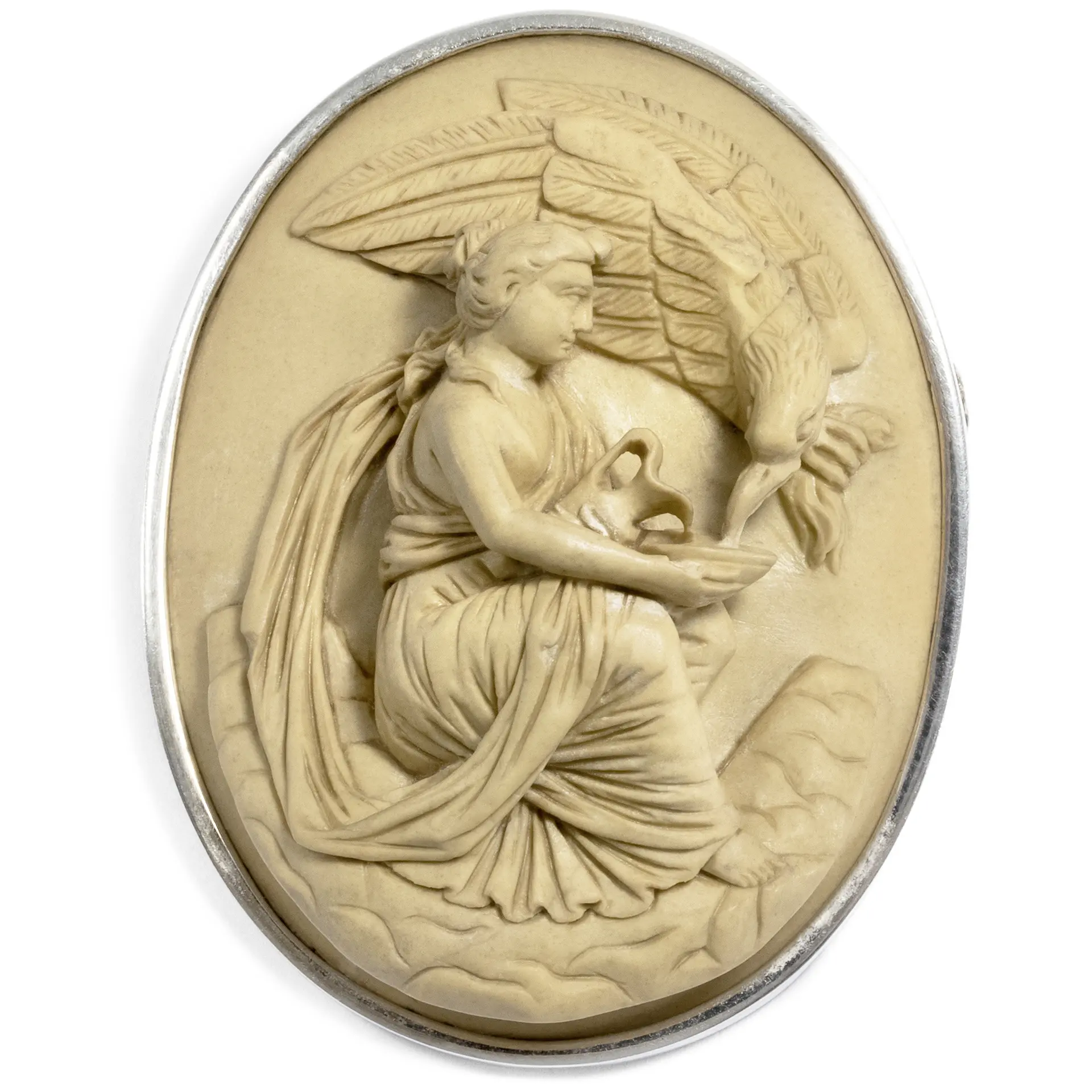 Antique Lava Cameo of the Goddess Hebe Set in Silver, Around 1860 and Later