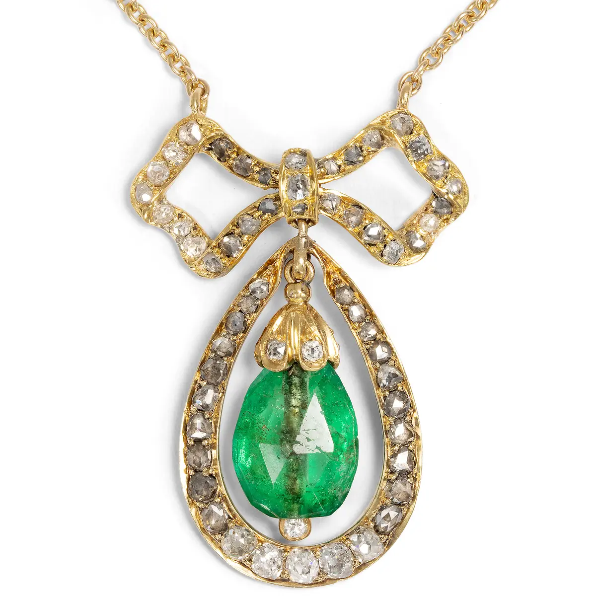 Elegant necklace with emerald briolette and diamonds in gold, c. 1910