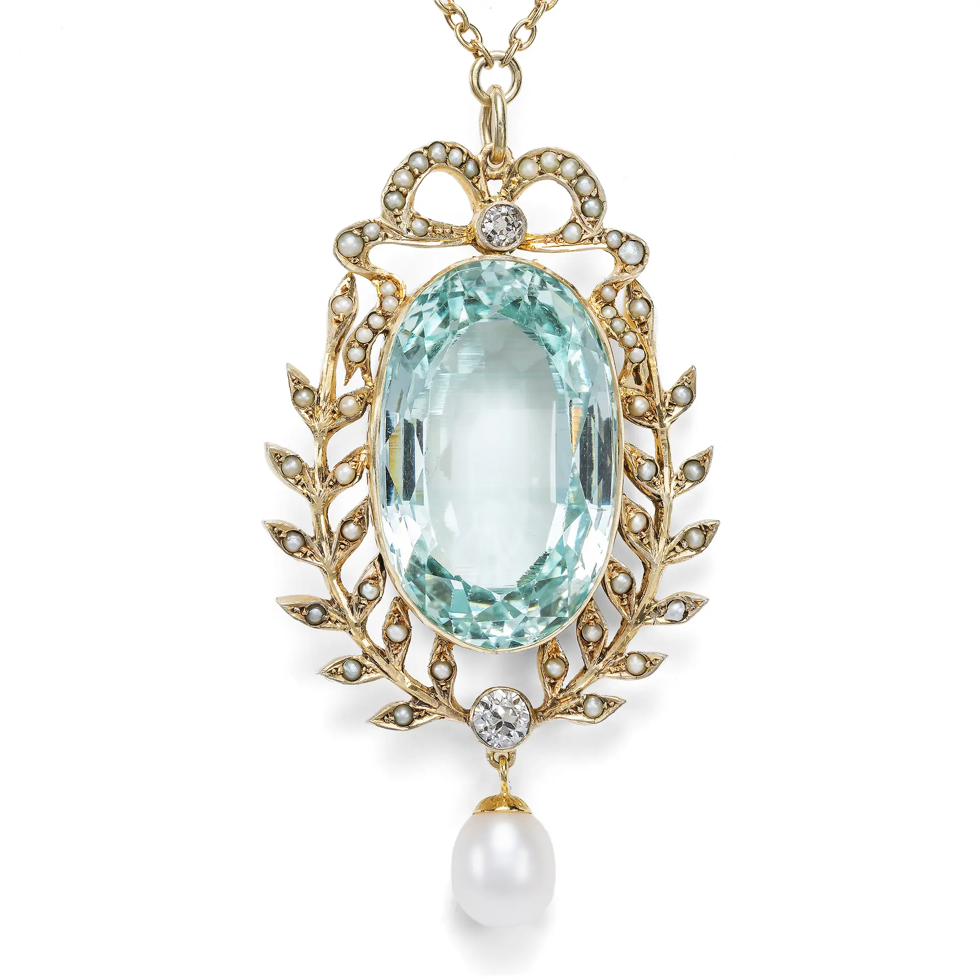 Antique Pendant with Large Aquamarine, Diamonds & Pearls, c. 1900 & Later