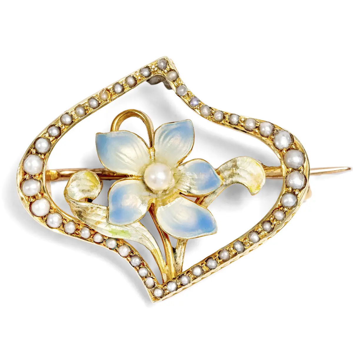 Elegant Art Nouveau Brooch With Natural Pearls & Enamel in Gold, Great