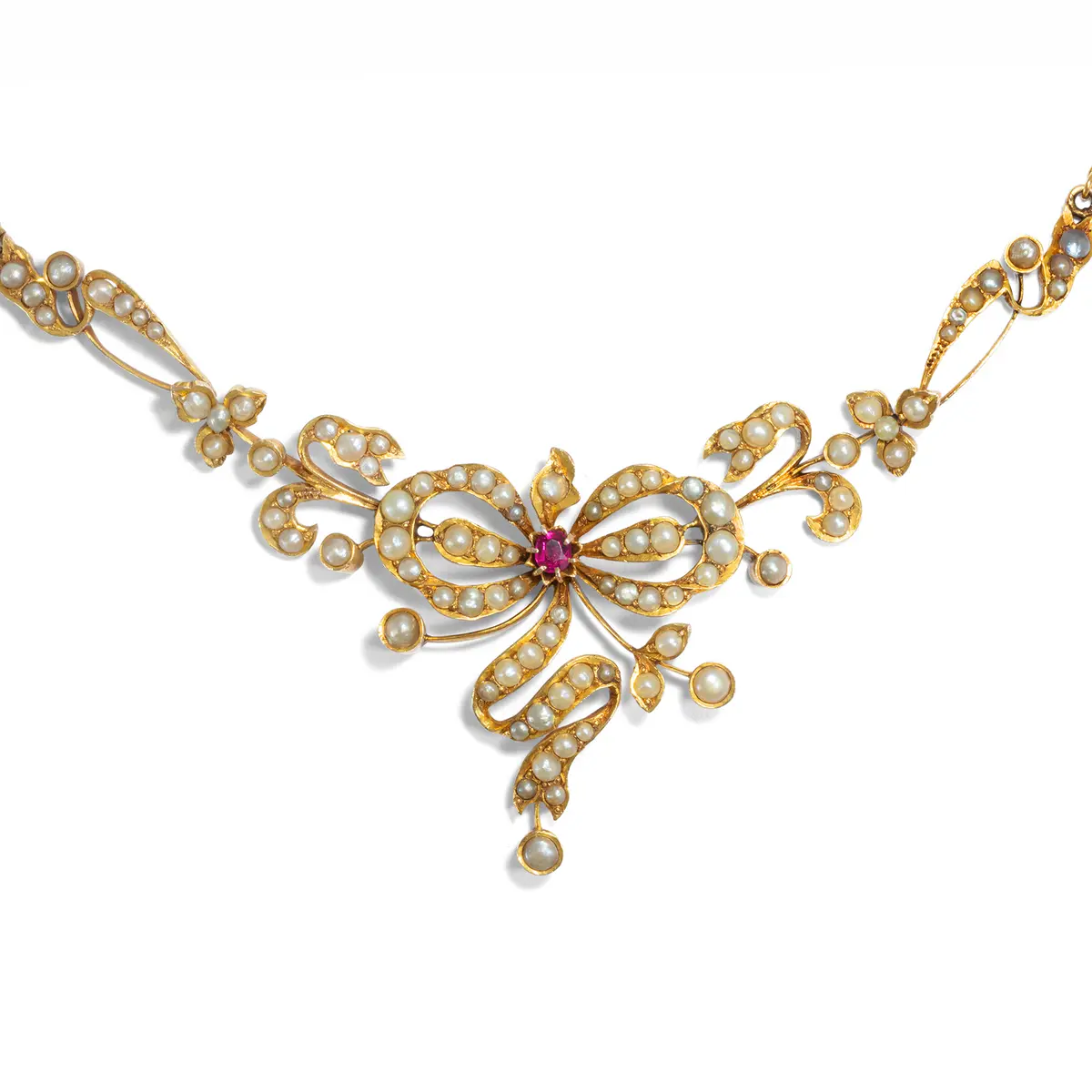 Antique Art Nouveau Necklace with Pearls & Ruby in Gold, c. 1900