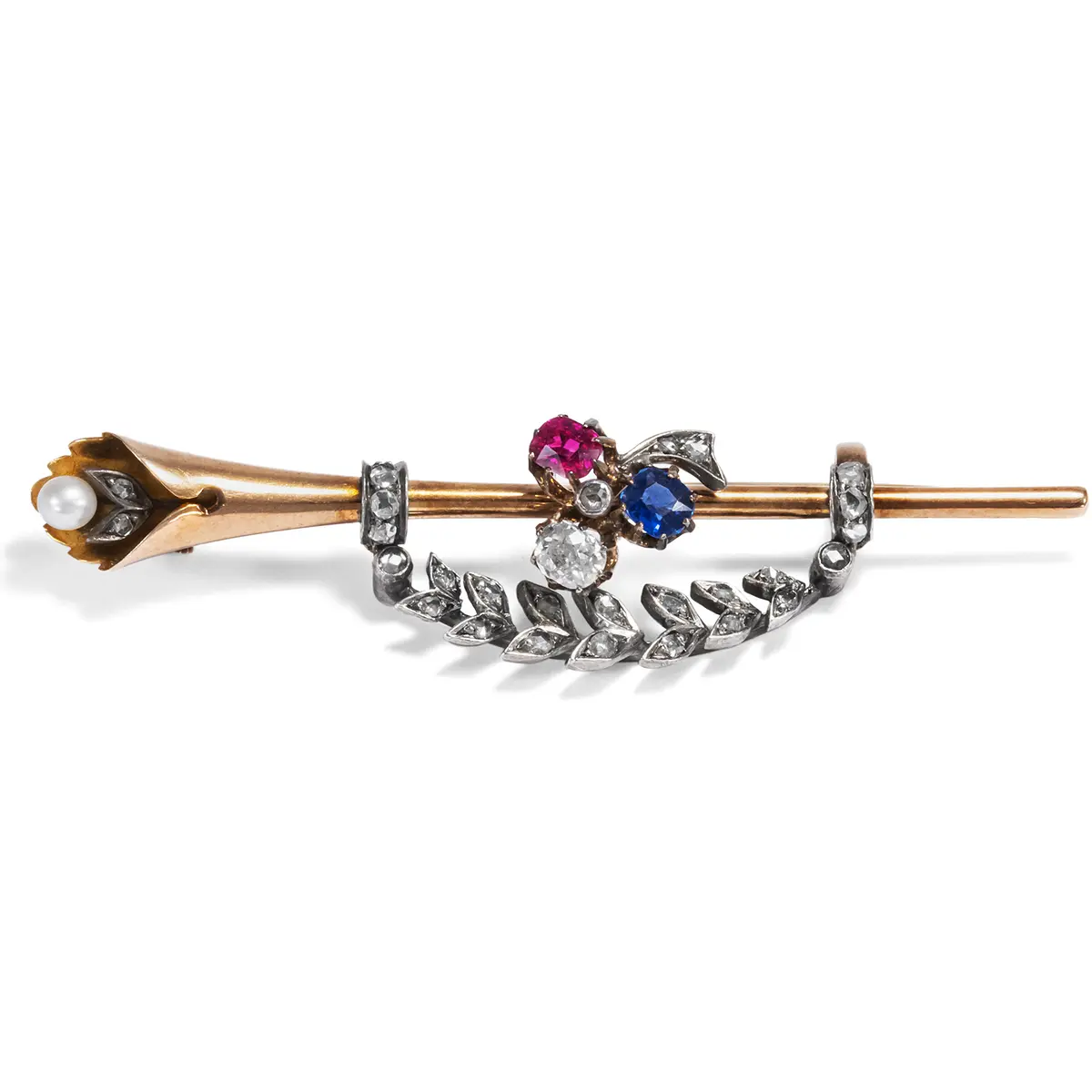 Antique Diamond, Sapphire & Ruby Brooch Made of Gold & Silver, c. 1890