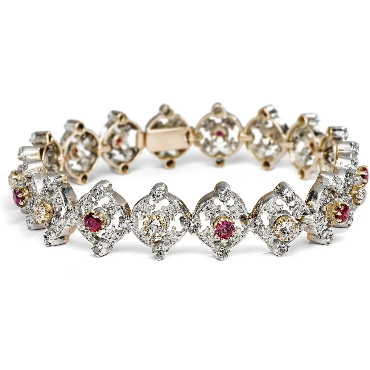 Elegant bracelet with rubies & diamonds in silver & gold, c. 1900