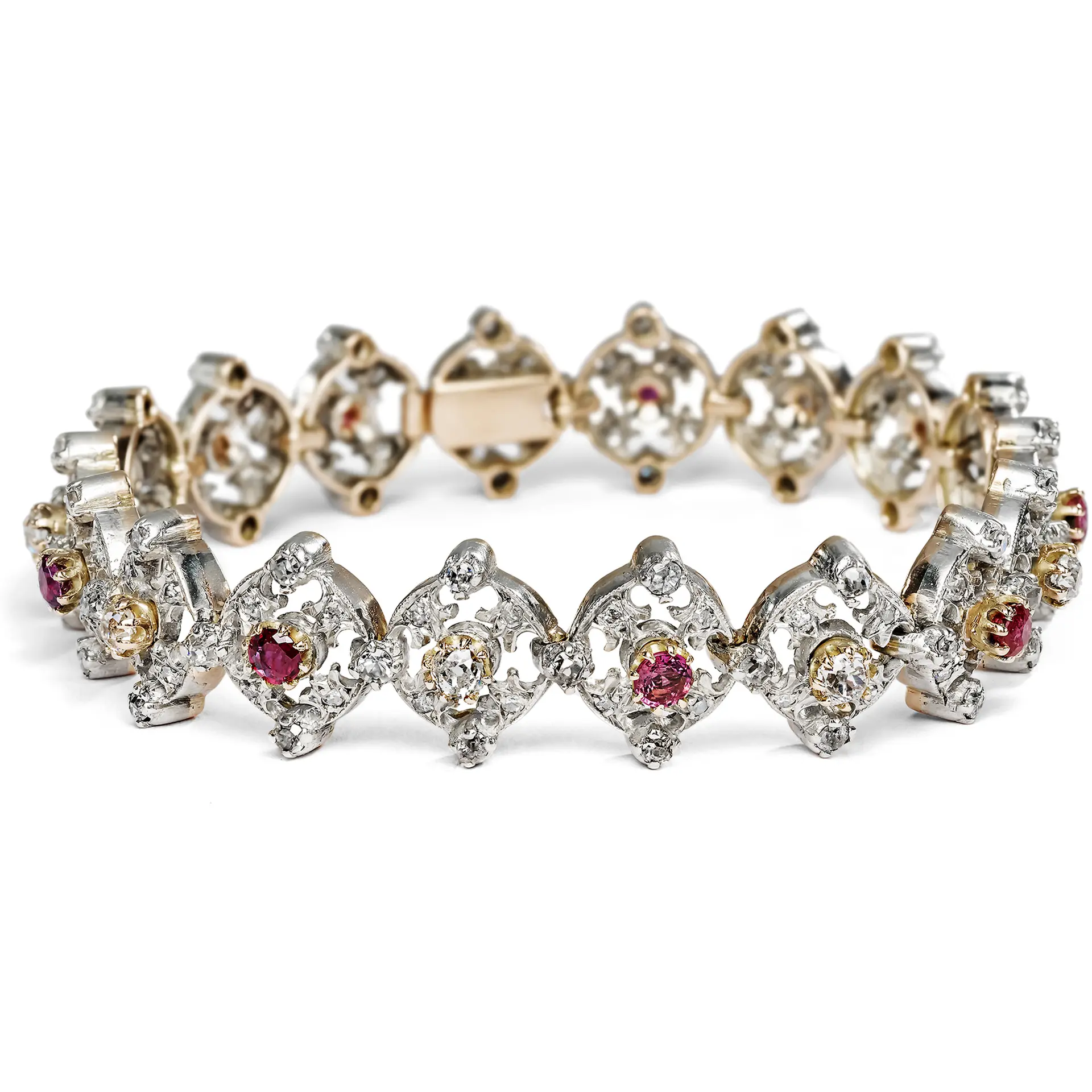 Elegant bracelet with rubies & diamonds in silver & gold, c. 1900
