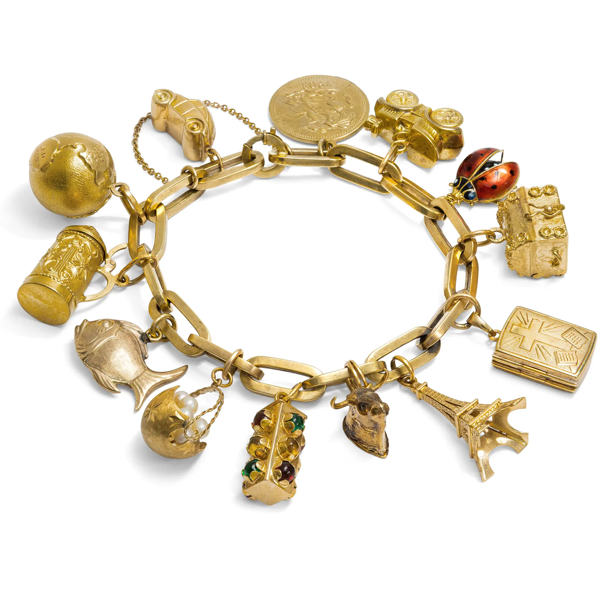 Vintage Charm Bracelet with 13 Gold Charms, c. 1960