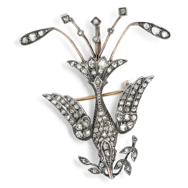 Antique Pendant-Brooch with Diamonds in Silver on Gold, c. 1875
