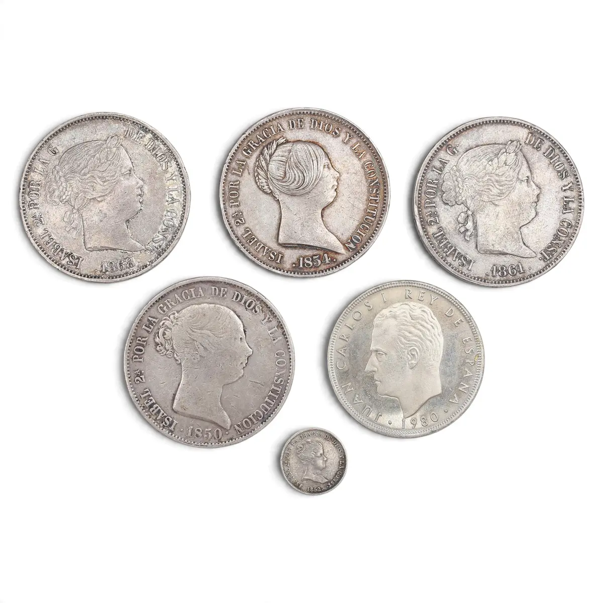 Five Spanish silver coins, 19th Century.
