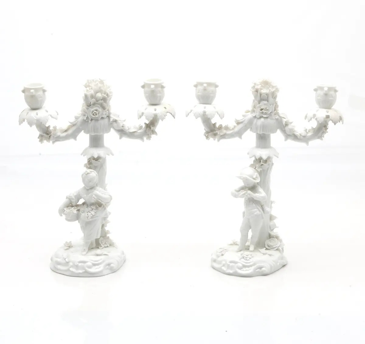 Pair of 18th Century-like glazed porcelain candelabra from Saxony