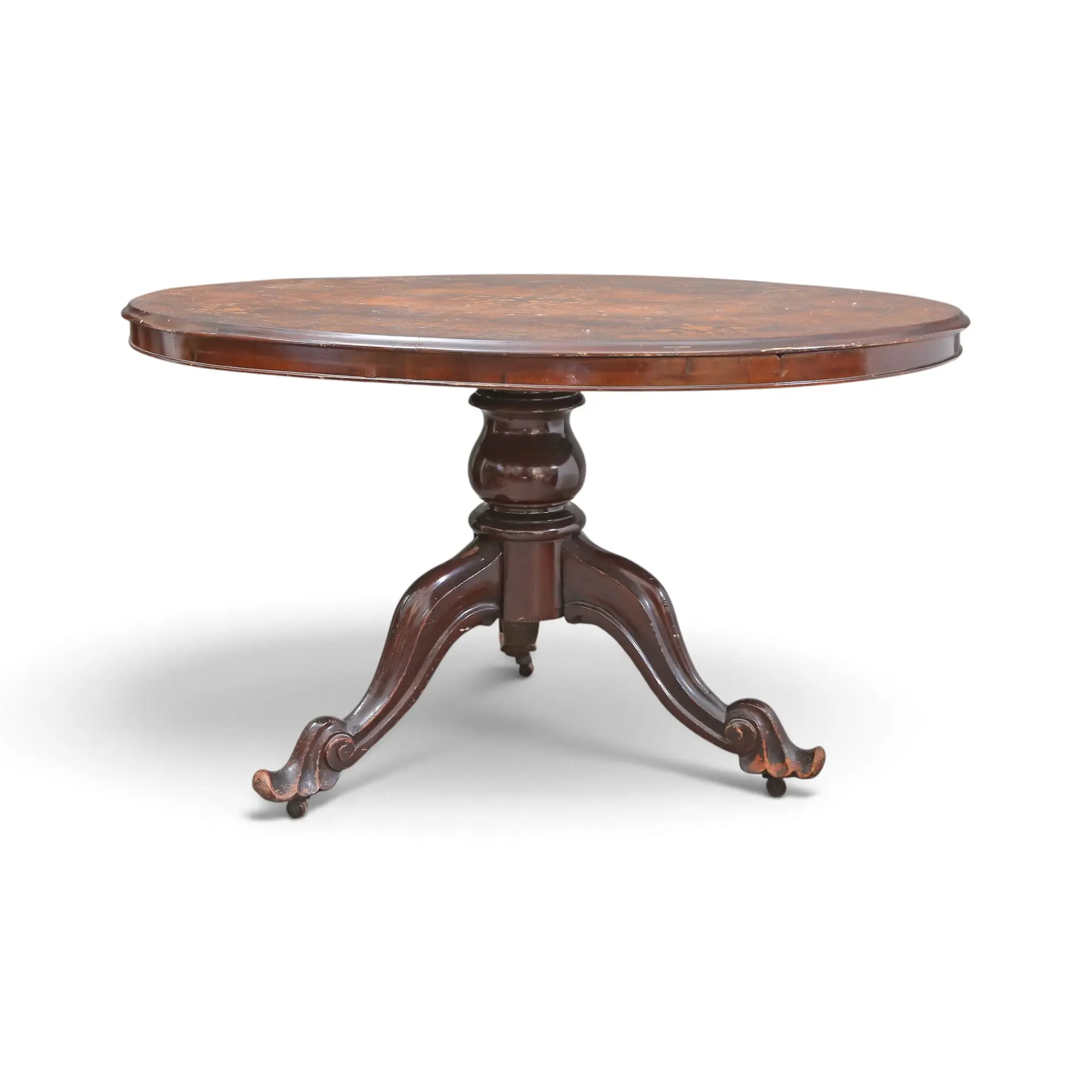 Victorian coffee table in walnut, walnut root and satinwood marquetry
