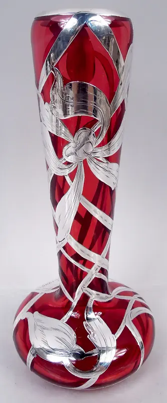 Antique American Art Nouveau Cranberry Red Silver Overlay 8-Inch Vase