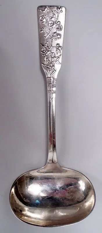Antique Japanese Meiji Silver Blossoming Branch Sauce Ladle