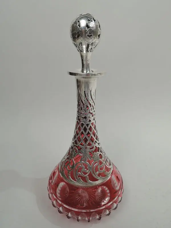 Antique Alvin Art Nouveau Silver Overlay Cranberry Cut-Glass Decanter