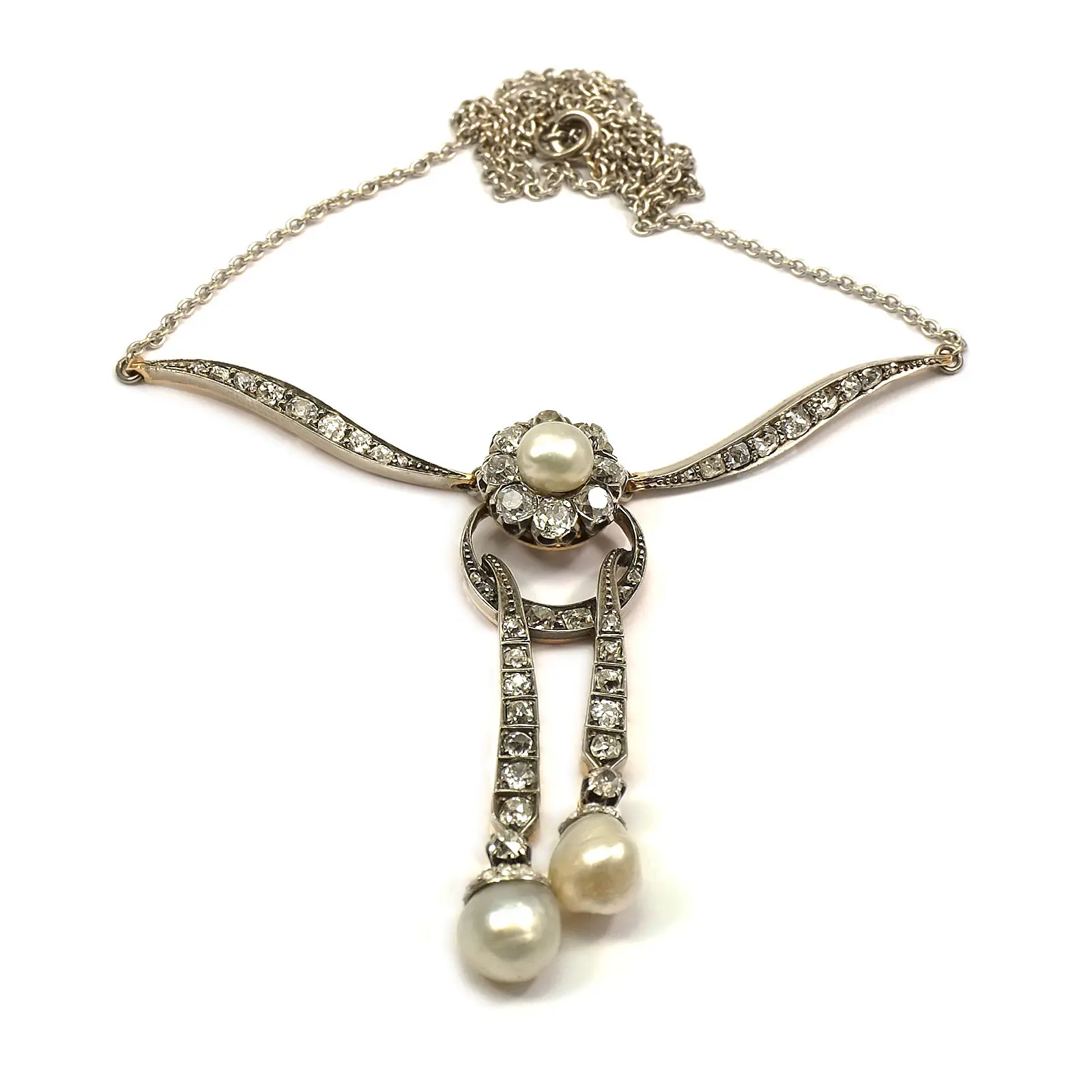 Hochfeines 2.6 ct Diamant Collier mit Orientperlen, Jugendstil um 1910