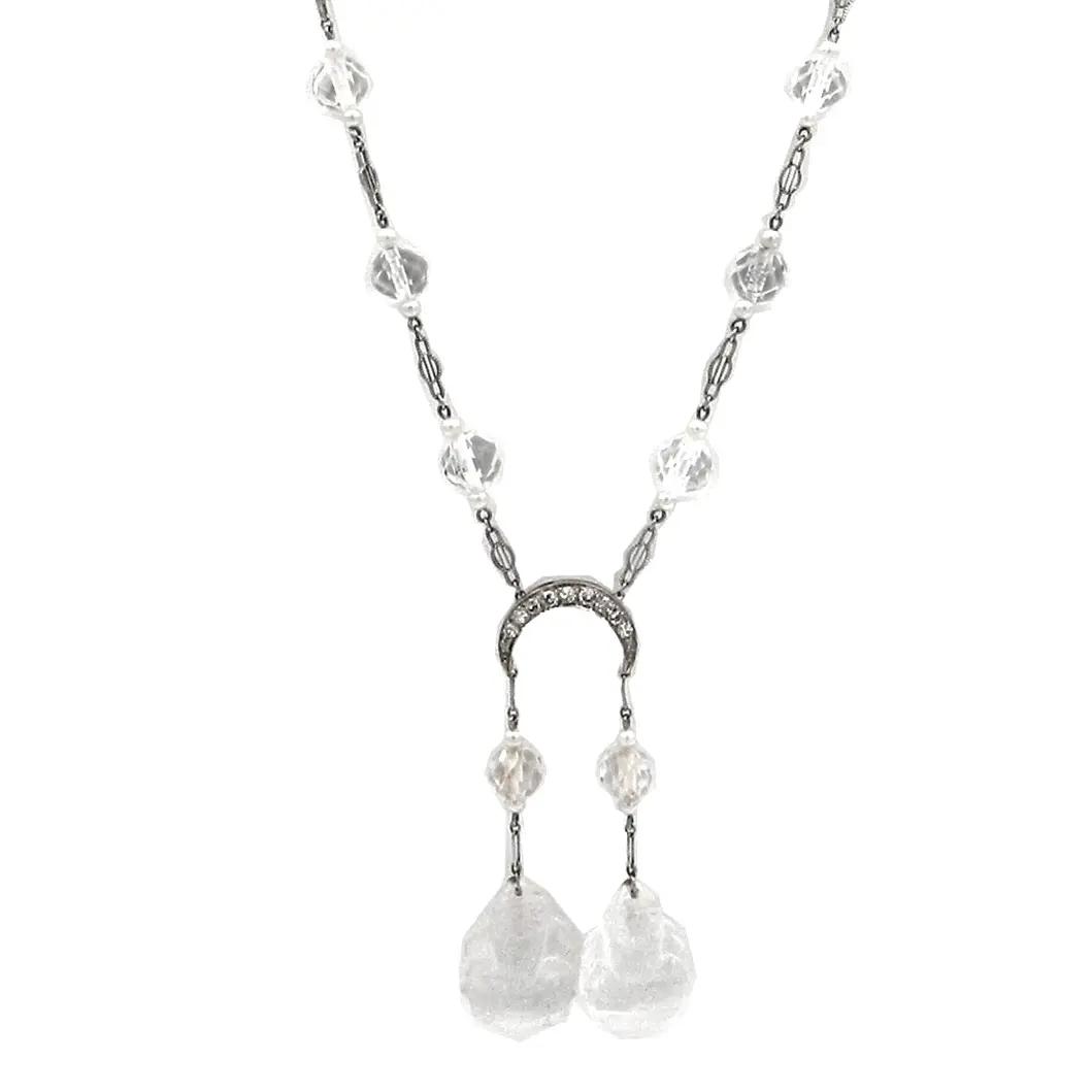 Art Deco Lavalière Diamant Collier mit Perlen und Bergkristall Buddhas