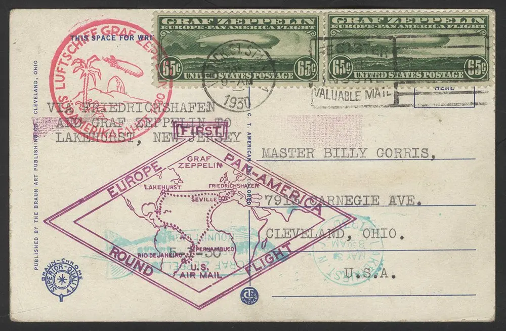 USA 1930 65c Zeppelin stamps (2) on illustrated postcard...