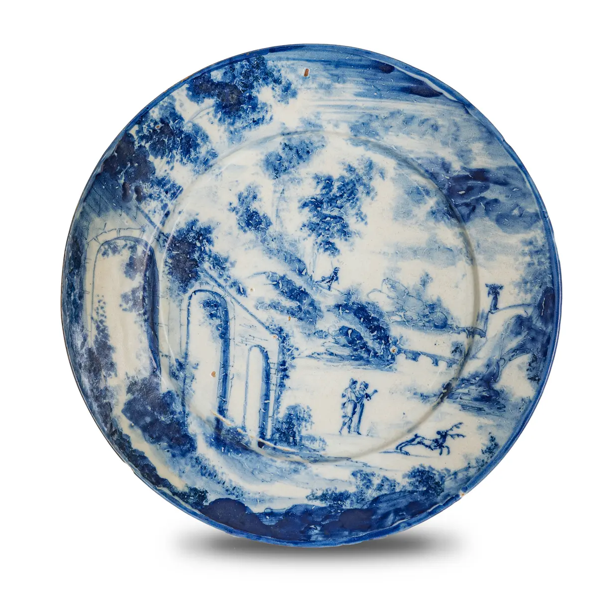 PIATTO DA PARATA IN MAIOLICA BIANCA E BLU, FORNACE LIGURE DEL XIX SECOLO