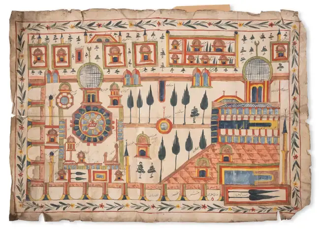 Jerusalem.- [Islamic map of the Al-Aqsa Mosque compound depicting