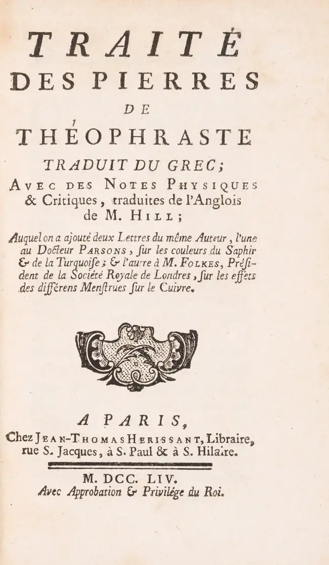 Mineralogy & Gemology.- Theophrastus. Traité des Pierres de Théophraste