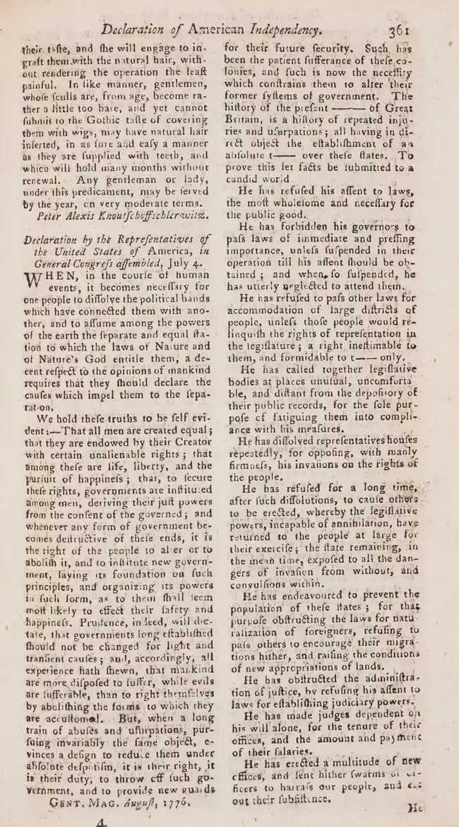 First English printing of The Declaration of American Independence.-