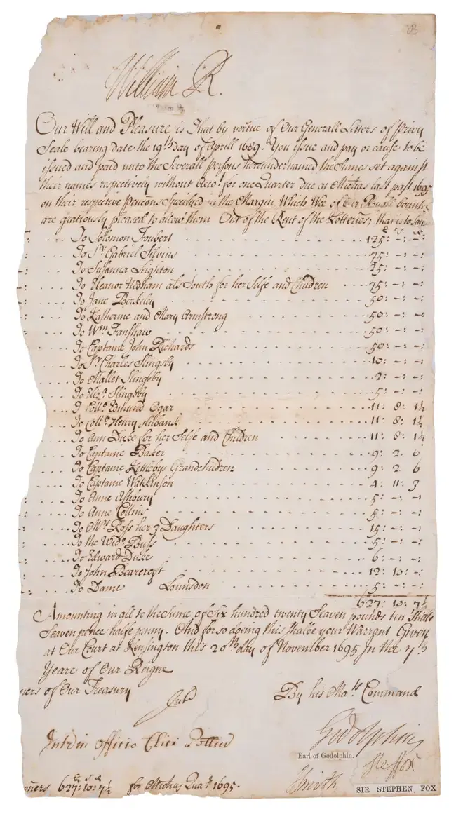William III (King) Royal warrant signed authorising pension payments