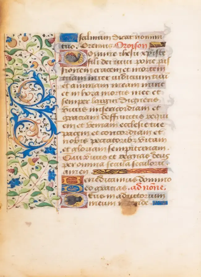 Four leaves from Books of Hours, in Latin or French, illuminated manuscripts
