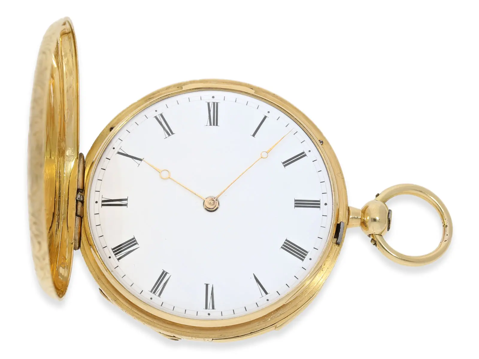 Pocket watch: unique, early gold hunting case pocket watch with repeater