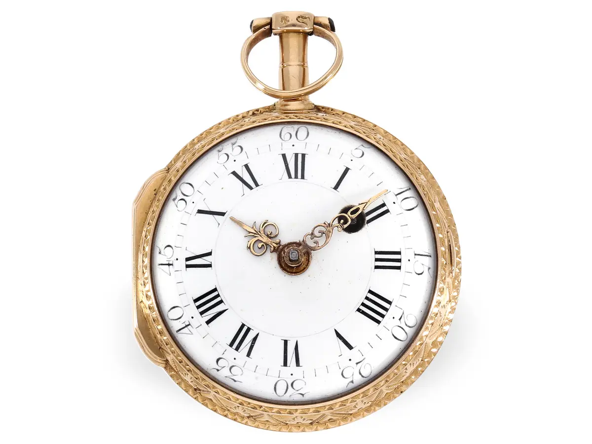 Pocket watch: gold Louis XV verge watch with relief case, Gilbert Paris 1767