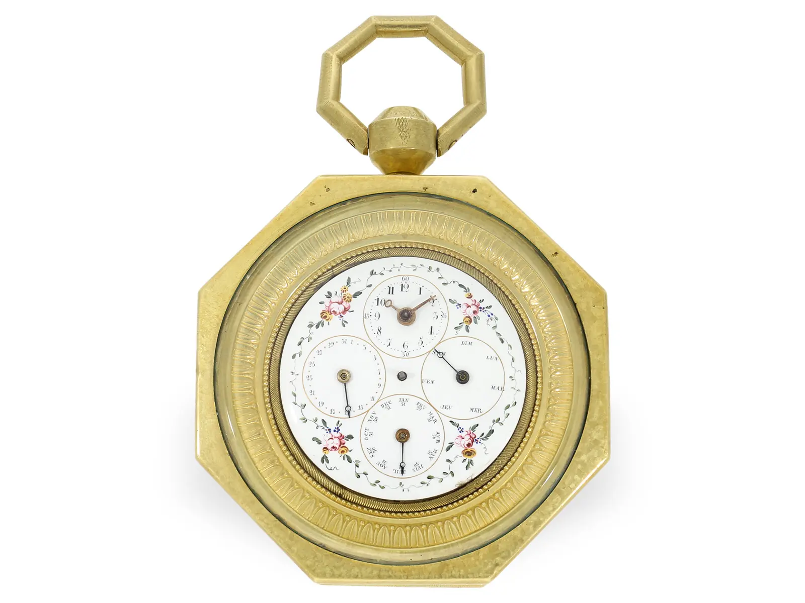 Travel clock/carriage clock: complicated calendar watch with enamel