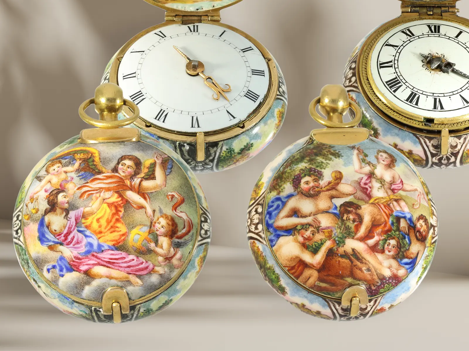 Pendant watch: a significant, unique pair of gold and enamel pendant