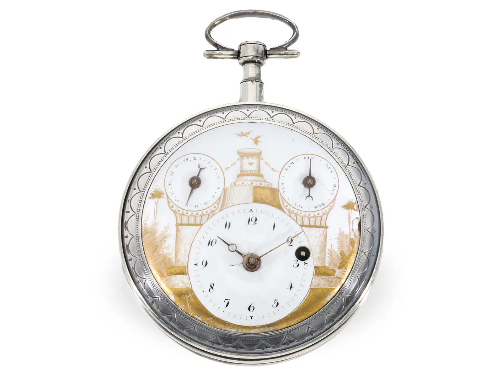 Pocket watch: rare calendar watch with visible balance wheel and rare