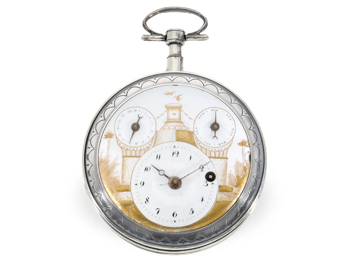 Pocket watch: rare calendar watch with visible balance wheel and rare