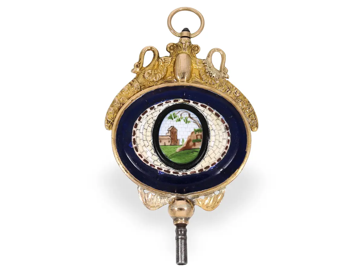Watch key: large golden verge watch key with 2 stone micro-mosaic