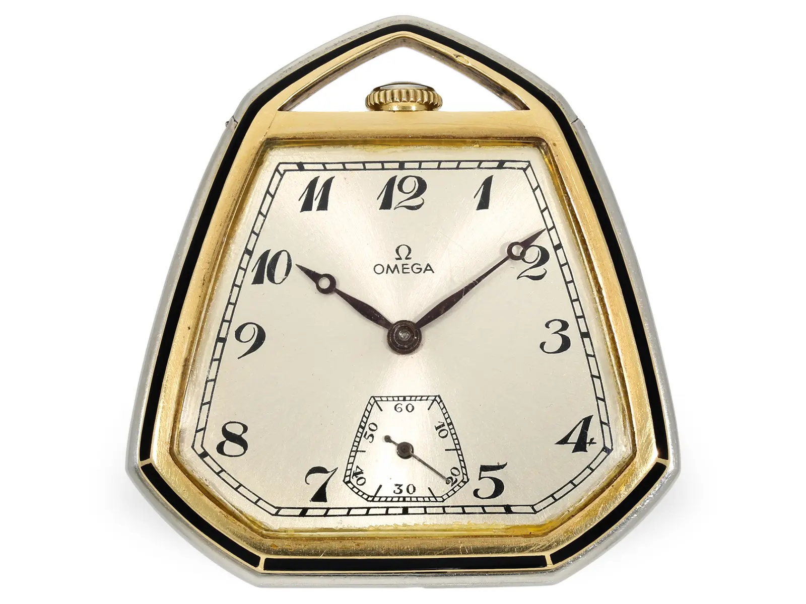 Pocket watch: rare Art Deco dress watch by Omega, gold/platinum & enamel