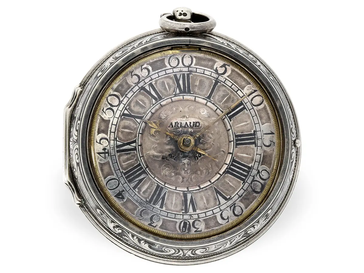 Pocket watch: large London pocket watch with repoussé silver case